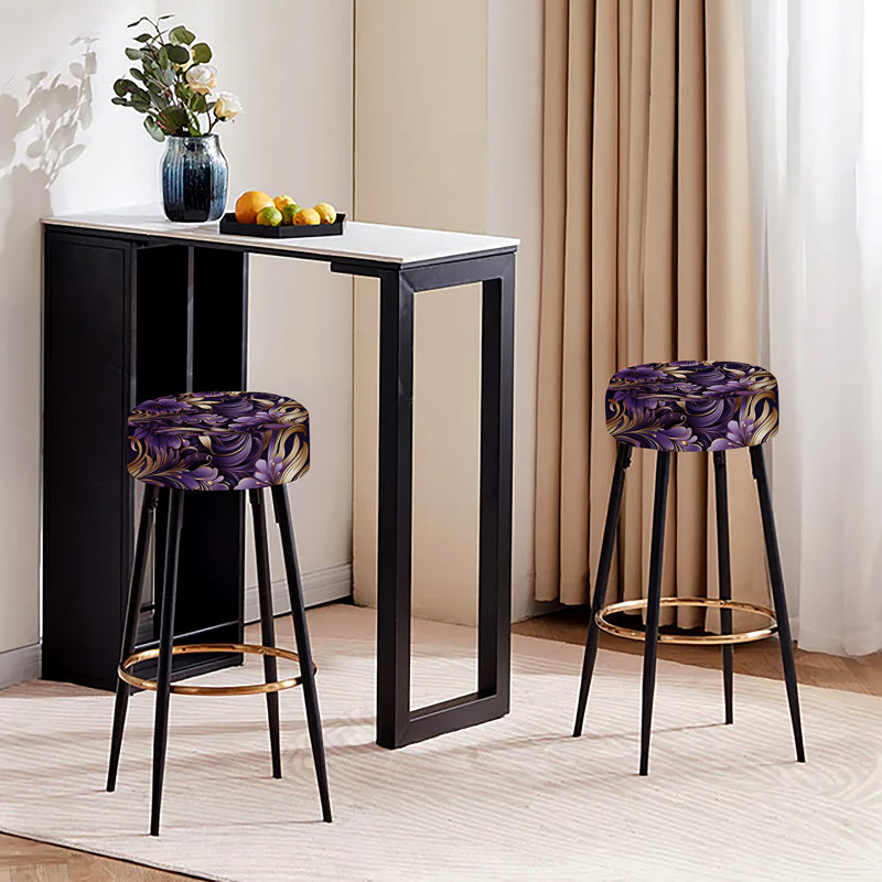Ensemble de 2 tabourets de bar glamour à motif damassé doré et mauve