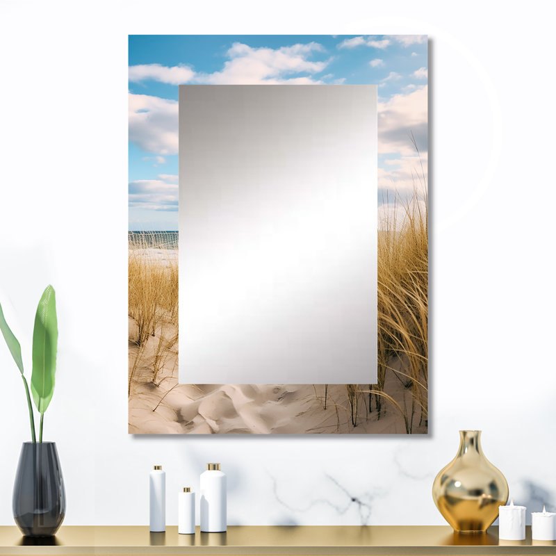 Path To The Beach V - grand miroir de plage sable, miroir mural décoratif beige, impression d'art en métal, 32 po x 24 po