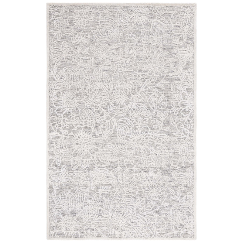 Tapis floral ivoire / gris en coton / laine / coton touffeté à la main Bateh, Rectangulaire 8 pi x 10 pi