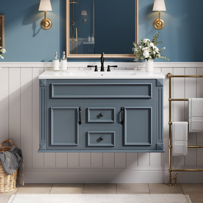 Meuble-lavabo mural 36 po avec lavabo et tiroirs en céramique, meuble-lavabo simple de style français avec charnières à fermeture douce