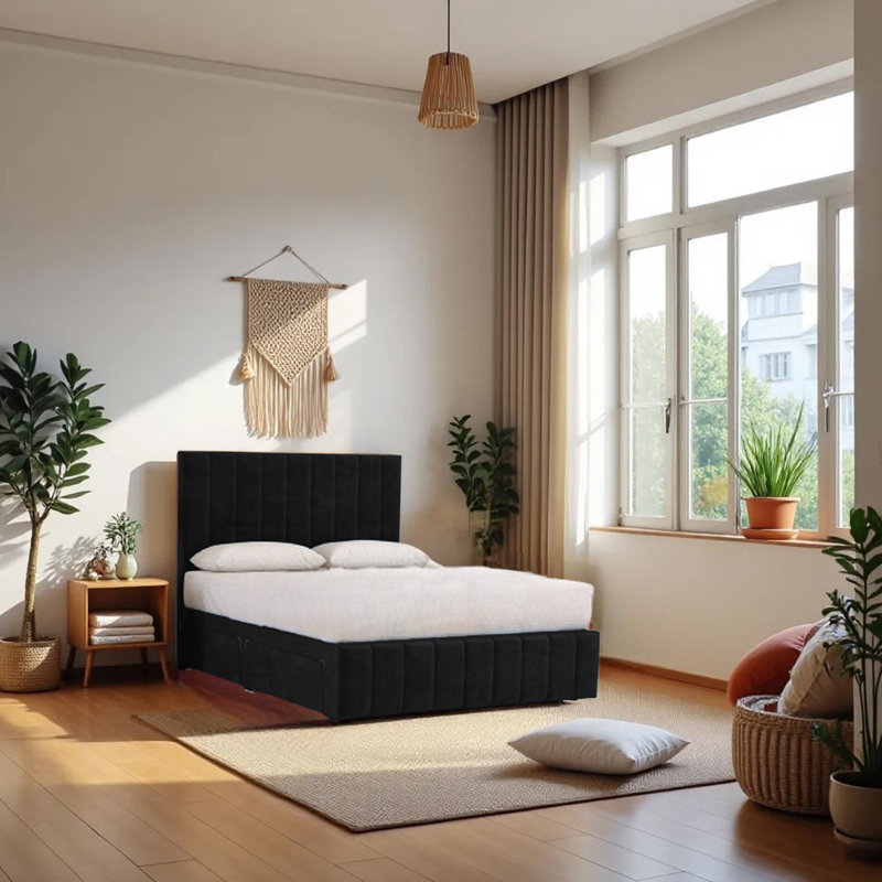 Upholstered Bed with Mattress, Black, Small Double (4')