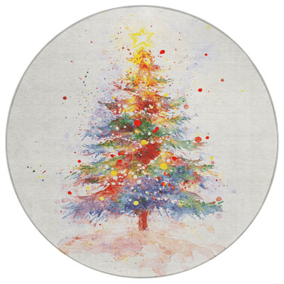 Machine Washable Indoor/Outdoor Christmas Tree Xhevrie Ivory Rug