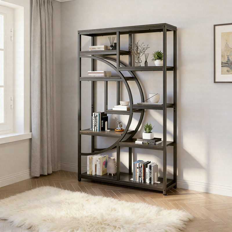 Bibliothèque autoportante, étagère de 68,9 po avec 9 tablettes ouvertes et structure en métal