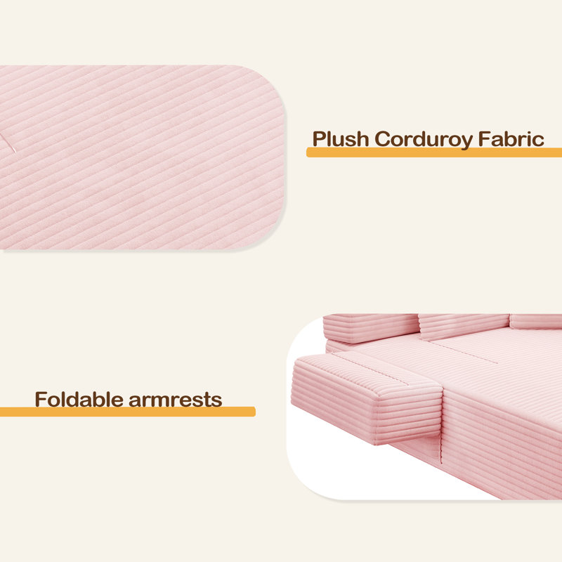 Chaise longue en velours côtelé luxueux avec 3 coussins, canapé-lit convertible avec poche de rangement, conception sans cadre