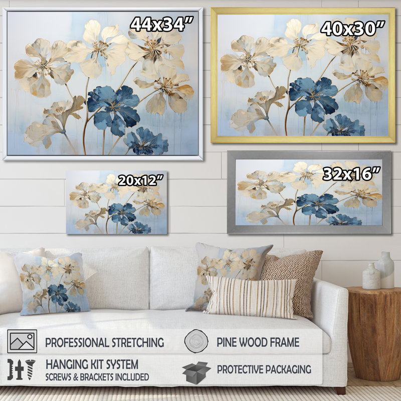 Fleurs de géraniums beiges et bleus, Cadre flottant doré, H 24 po x l 32 po x P 1 po