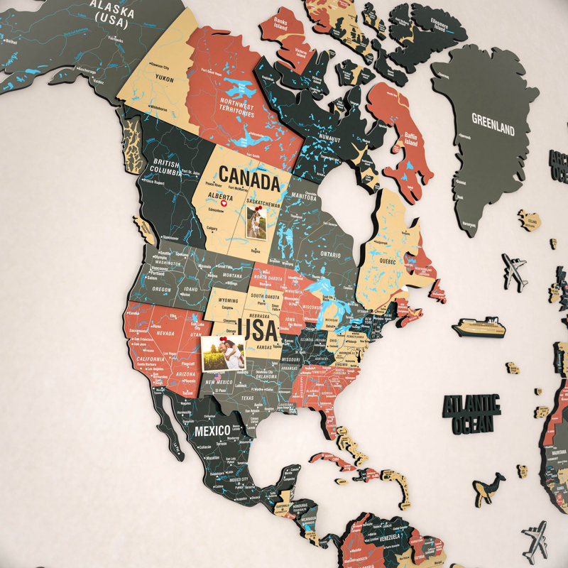 Carte du monde 3D en bois - art mural imprimé UV multicolore, décoration de maison et de bureau moderne, Sauge