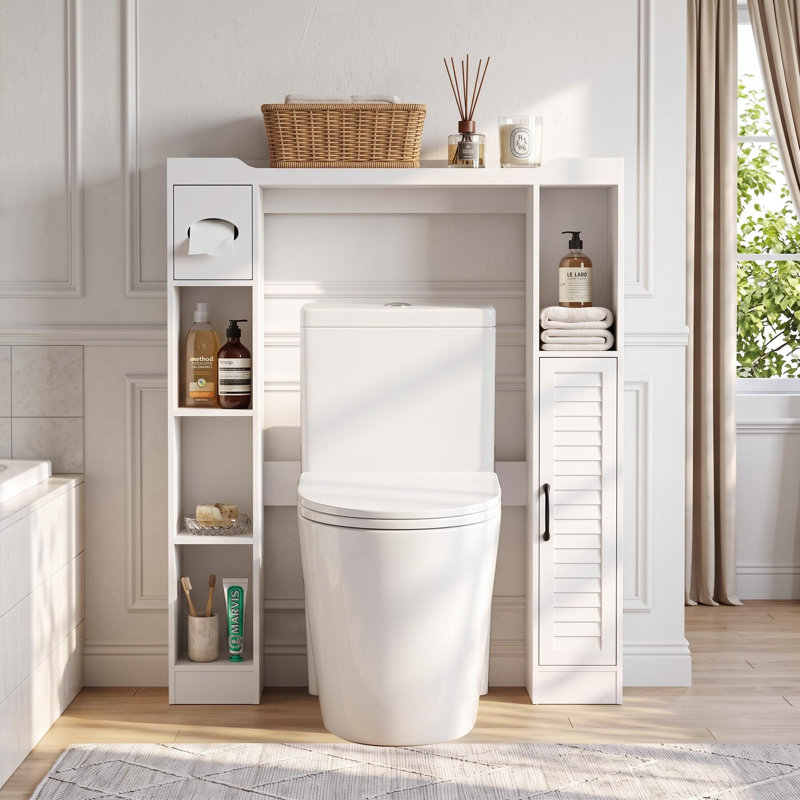 Low Over Toilet Storage Unit, 7 Storage Compartments, White