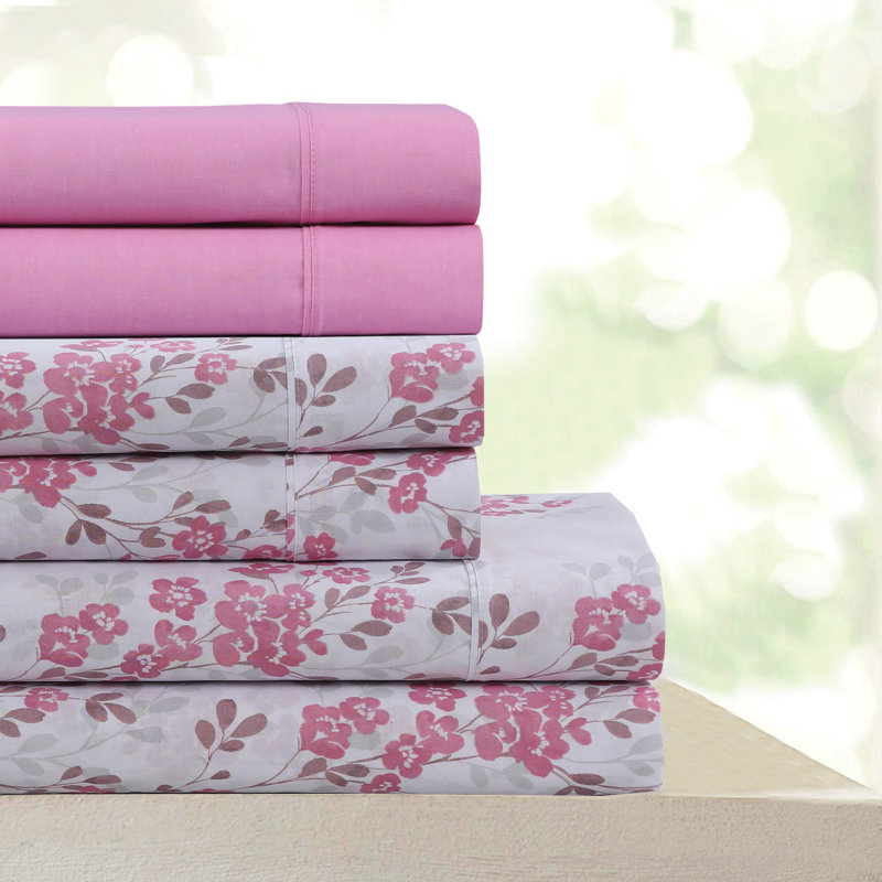 600 Thread Count Floral Quality Cotton Sheet Set, Full Fitted Sheet with 4 Pillowcases