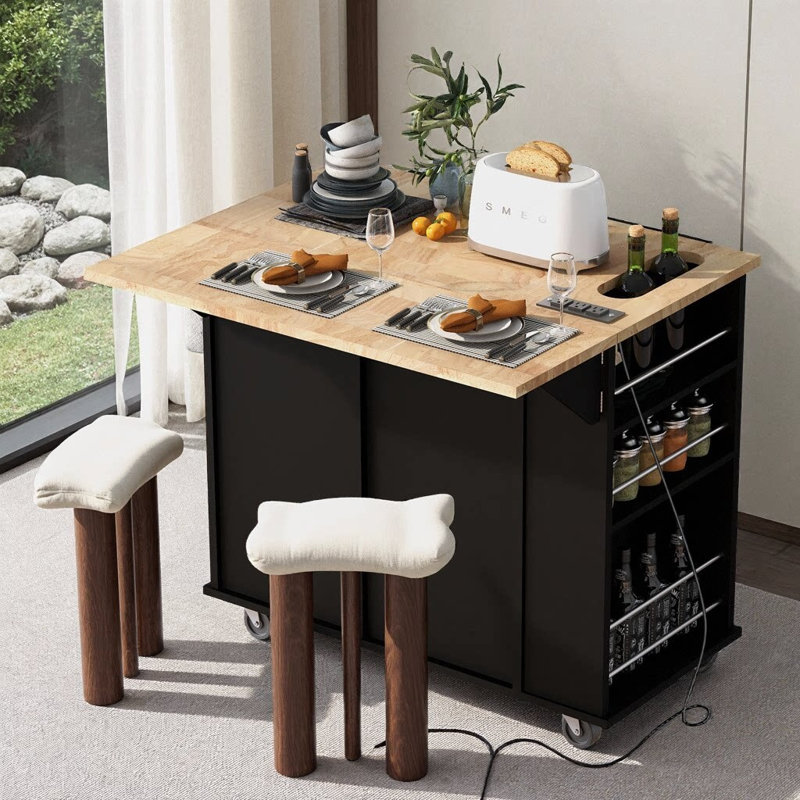 39.8" Kitchen Island with Power Outlet & Drop Leaf | Rubber Wood Top Kitchen Cart with Wine Rack, Open Storage & 5 Wheels | Black Rolling Kitchen Island for Small Spaces, Kitchen & Dining Room