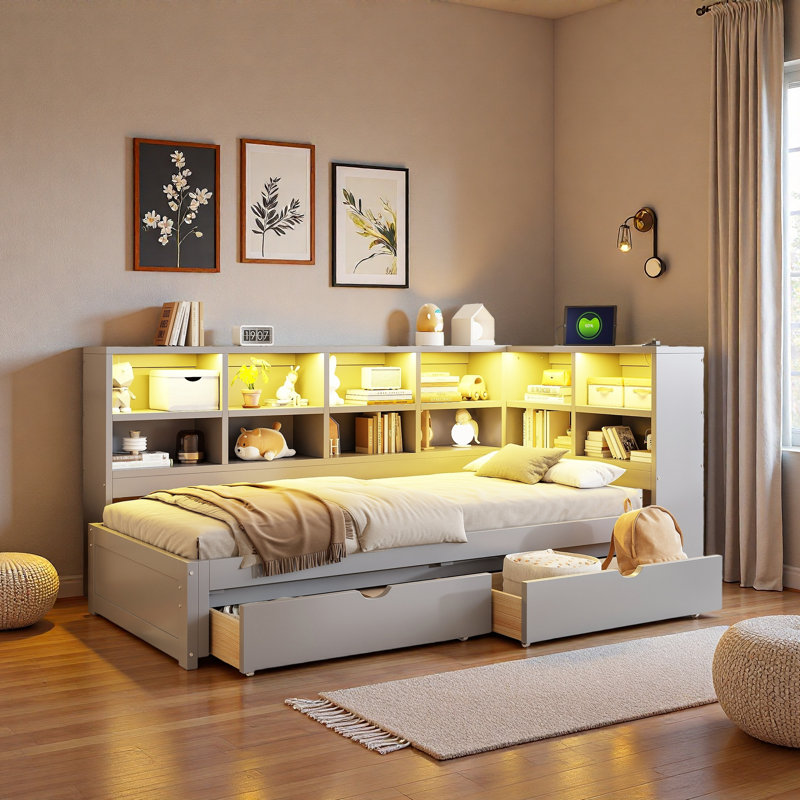 Lit de jour moderne avec 2 tiroirs de rangement, armoires de rangement, lumière DEL et ports USB, Gris