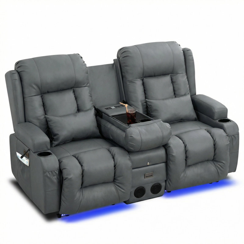 Power Reclining Sofa With Heat And Massage, Bluetooth Speakers And LED Lights, 3 Seater Dual Recliner Sofa With USB Ports And Cup Holders