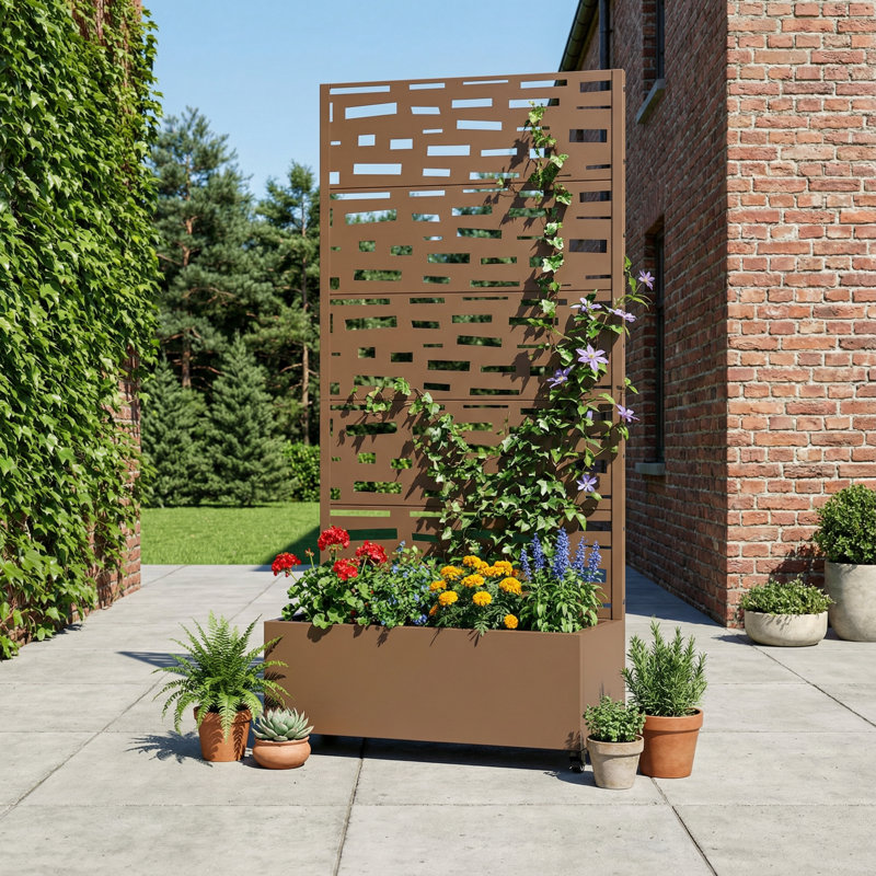 Boîte à fleurs en métal avec treillis et roues, H 72 po x l 35 po x P 16 po, Brown
