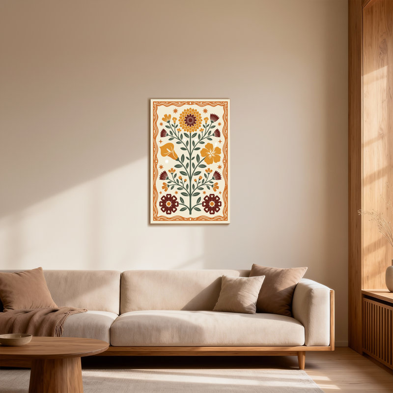 Plantes et fleurs avec motif floral orange et brun, H 18 po x l 12 po