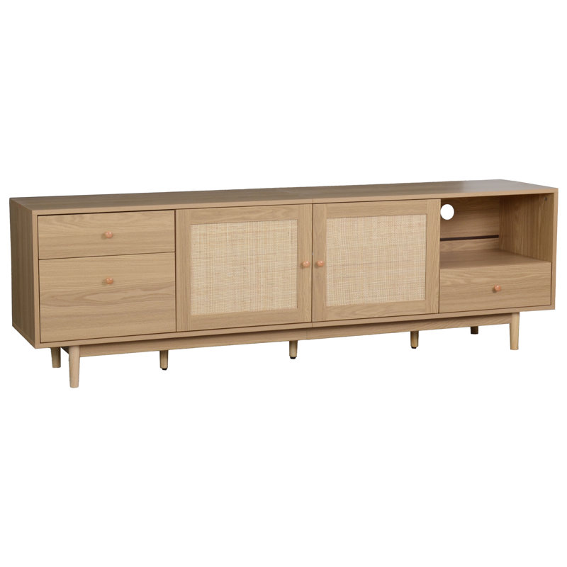 Meuble télé moderne en bois pour téléviseurs de 85 pouces, de vraies portes et un espace de rangement réfléchi avec des espaces polyvalents et polyvalents