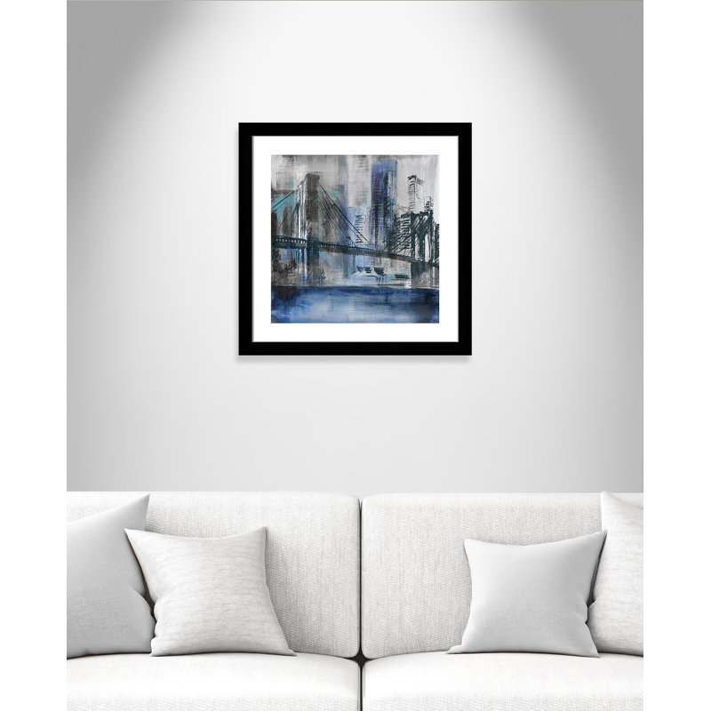 Pont de Brooklyn - peinture encadrée, Cadre noir, H 25 po x l 25 po x P 1,25 po
