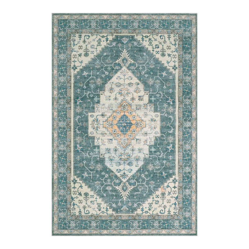 Tapis lavable Boho 6 x 9 pi, tapis à poils courts antidérapant à motif médaillon rétro pour chambre à coucher, salle à manger, gris-vert