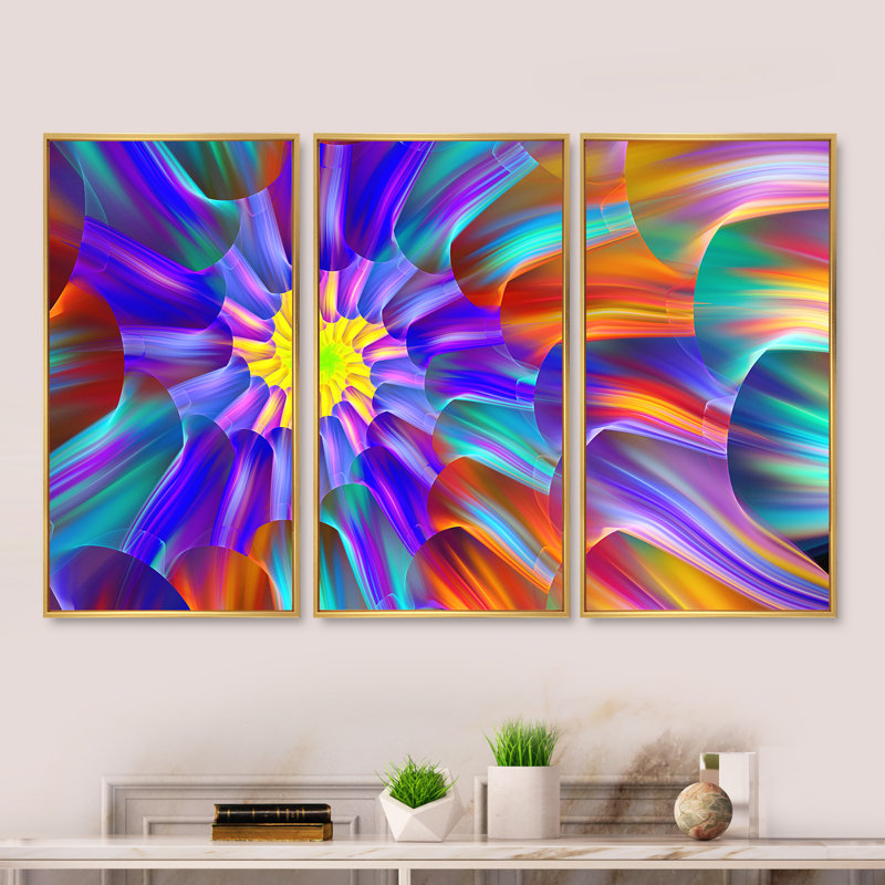 Spectaculaire vitrail avec spirales - ensemble de 3 toiles encadrées florales, H 28 po x l 36 po x P 1 po, Or