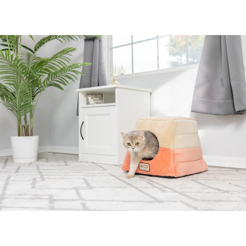 Small Orange and Beige Velvet Cat Bed with Fiberfill