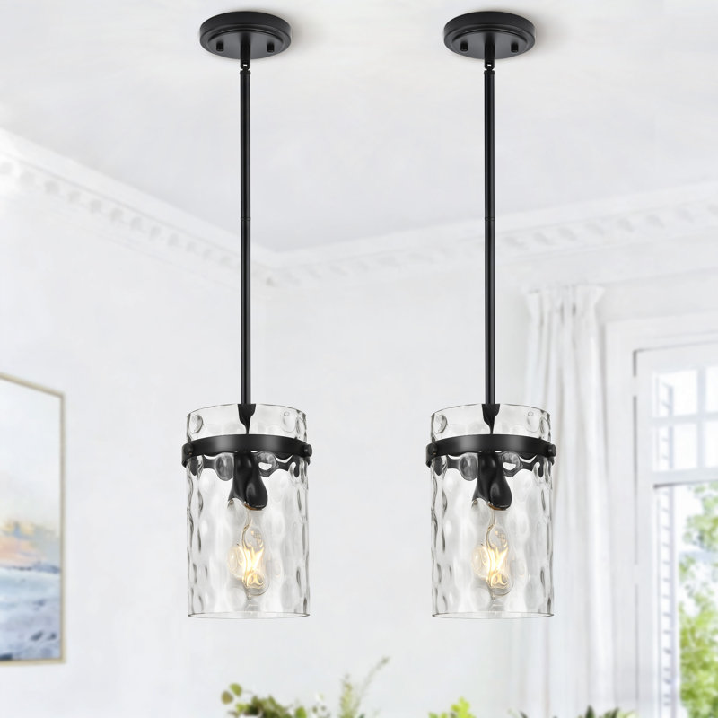 (Set Of 2)1-Light 5.1"W Modern Industrial Glass Pendant Light for Kitchen Island, Over Sink, Black
