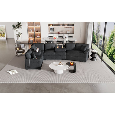 Canapé-lit modulaire en forme de L de 126 po avec canapé-lit escamotable avec dispositifs de chargement et porte-gobelets pour salon, bleu noir