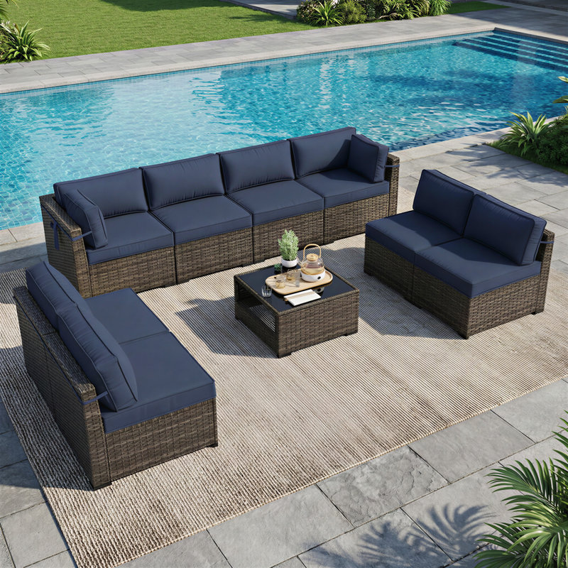 8-Person All-Weather Wicker Modular Patio Conversation Set with Thick Supportive Cushions, Blue