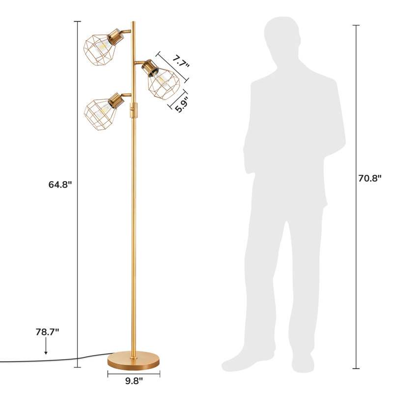 Lampe sur pied à branches 65 po avec ampoules à intensité variable et interrupteur rotatif Rasch, Or