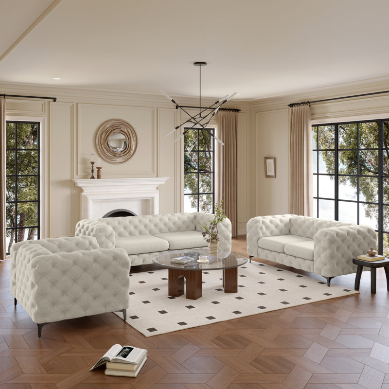 Ensemble de salon en polyester capitonné 3 pièces avec chaise Chesterfield, causeuse et canapé Liddel, White