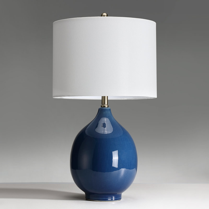 24in. 3-Way Blue Ceramic Table Lamp With Drum Shade