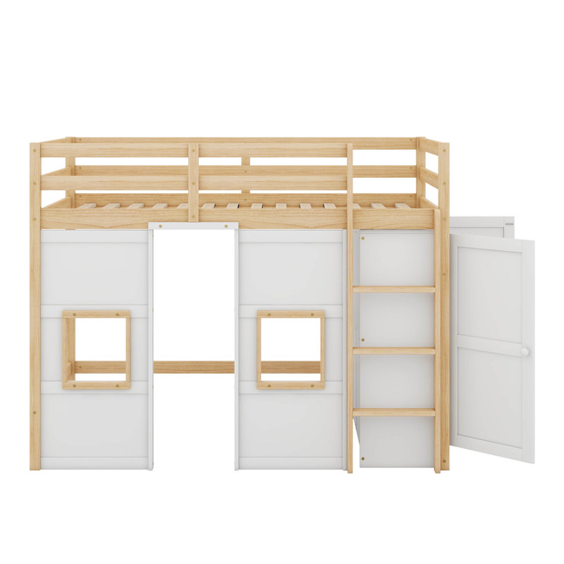 Lit mezzanine simple en bois Jasibe avec garde-robe de rangement intégré et 2 fenêtres, Blanc