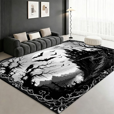 Tapis d'intérieur à thème Halloween, motif de château gothique chauves-souris et lune, antidérapant, idéal pour le salon, la chambre, l'entrée, la cuisine, le balcon ou un appartement.