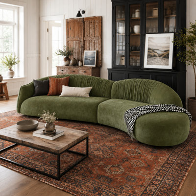Modern Green Curved Sectional Sofa, Polyester Upholstered Modular Couch with Deep Seating, Oversized Lounge Sofa for Living Room, Organic Modern Japandi Style Couch