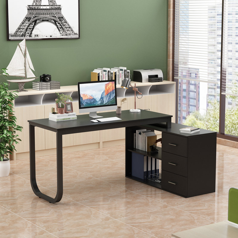 L-Shaped Metal Base Writing Desk, Black, Black
