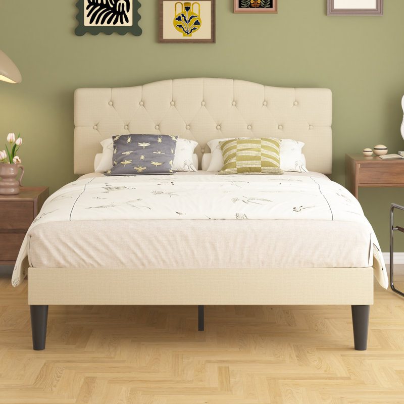 Kempst Upholstered Bed with Adjustable Headboard & Solid Wooden Slats, Under Bed Storage, No Box Spring Needed, Beige, Full