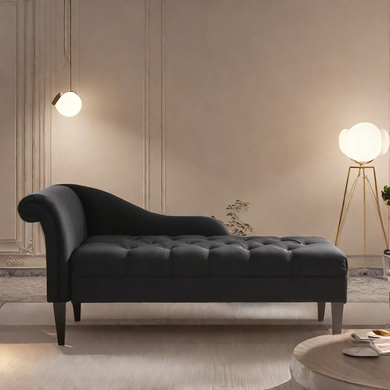 Chaise longue avec structure en bois robuste, Accoudoir à gauche (vu de face), Noir