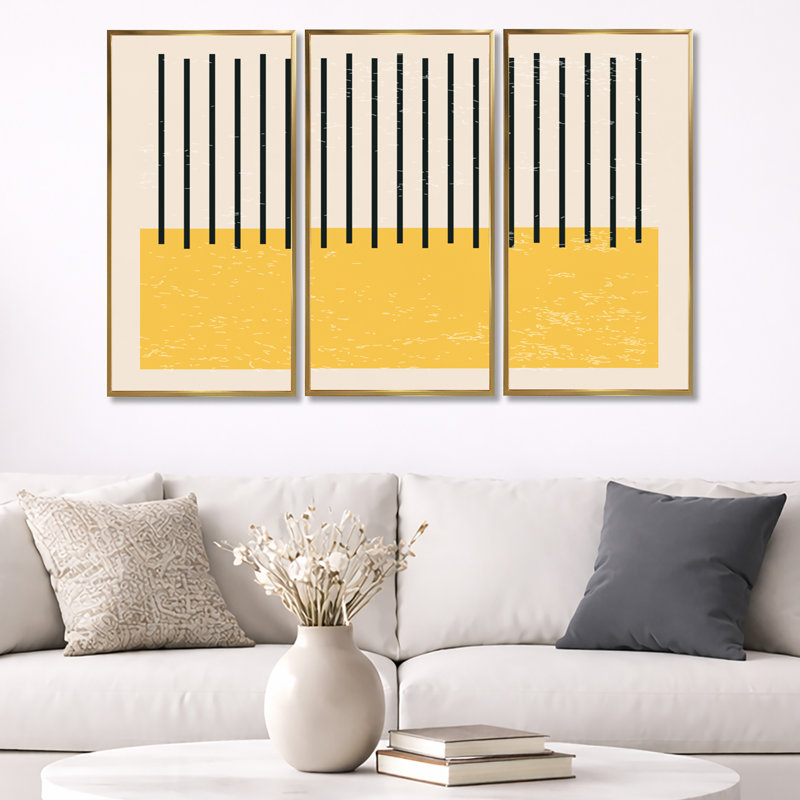 Minimal Geometric Compostions of Elementary Forms xiv - Ensemble de 3 reproductions encadrées sur toile, Cadre doré