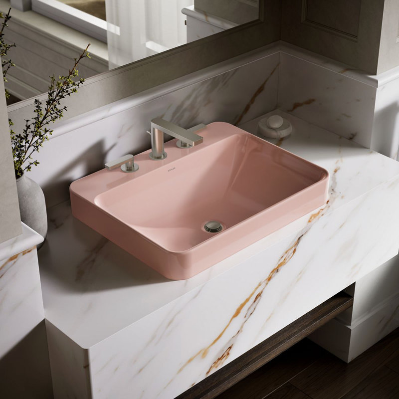 Vox Vitreous China Rectangular Vessel Bathroom Sink with Overflow, Peach Blow, 3