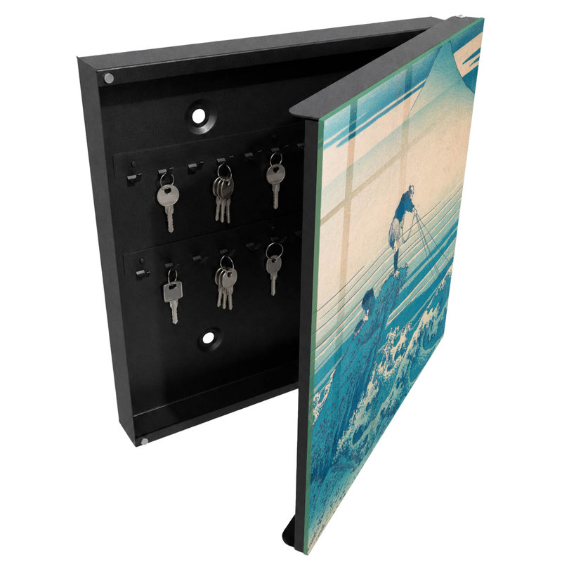 Key box for home, Opens to the left, 30x30x5, Black, Traditional Japanese fisherman art, 