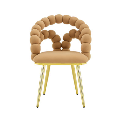 Chaise de salle à manger moderne en velours avec dossier à bulles, chaise d'appoint avec pieds en métal doré, fauteuil de meuble-lavabo rembourré pour salle à manger, salon, chambre à coucher, brun et or (ensemble de 2)