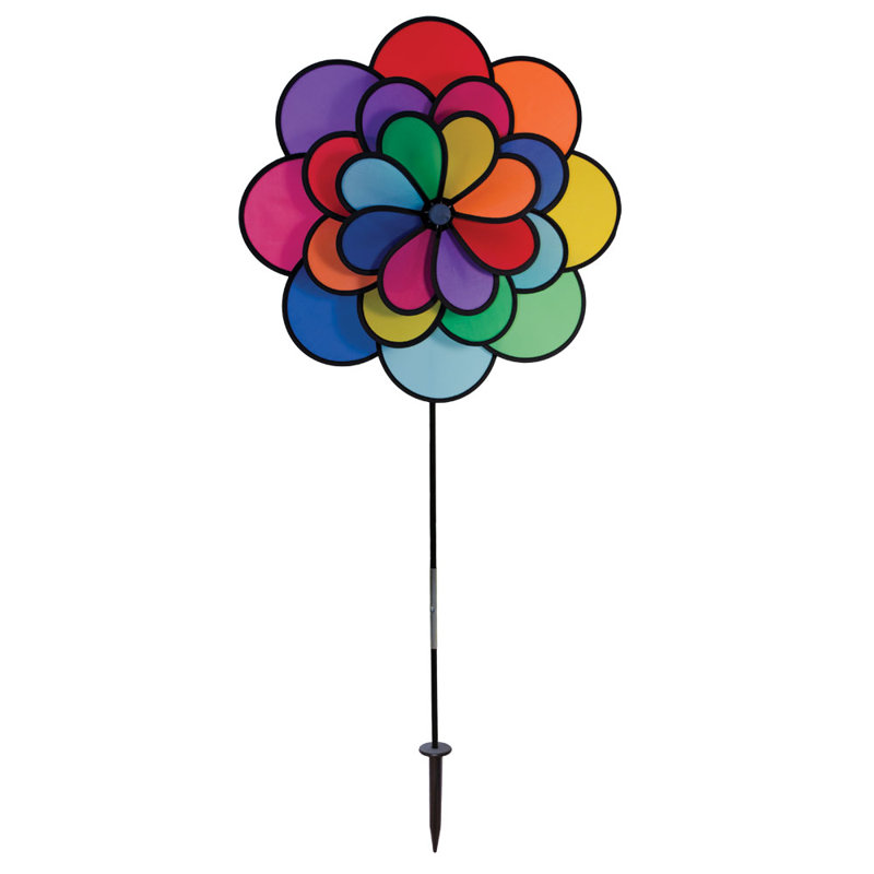 Colorful Triple Wheel Flower Wind Spinner with Ground Stake