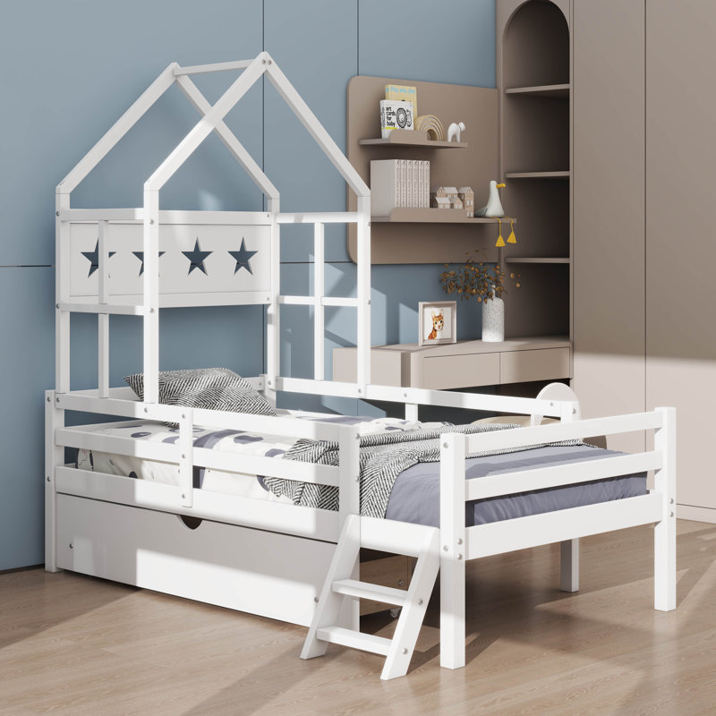 Twin-Size Wooden Platform Bed With Safety Guardrails And Integrated Drawers, White