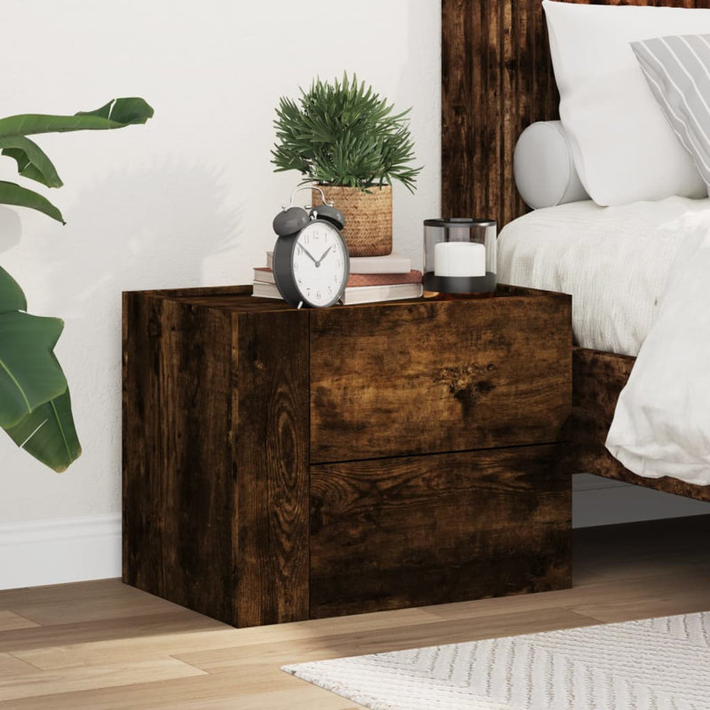 Quinetta 45cm W Manufactured Wood Bedside Table, Smoked Oak
