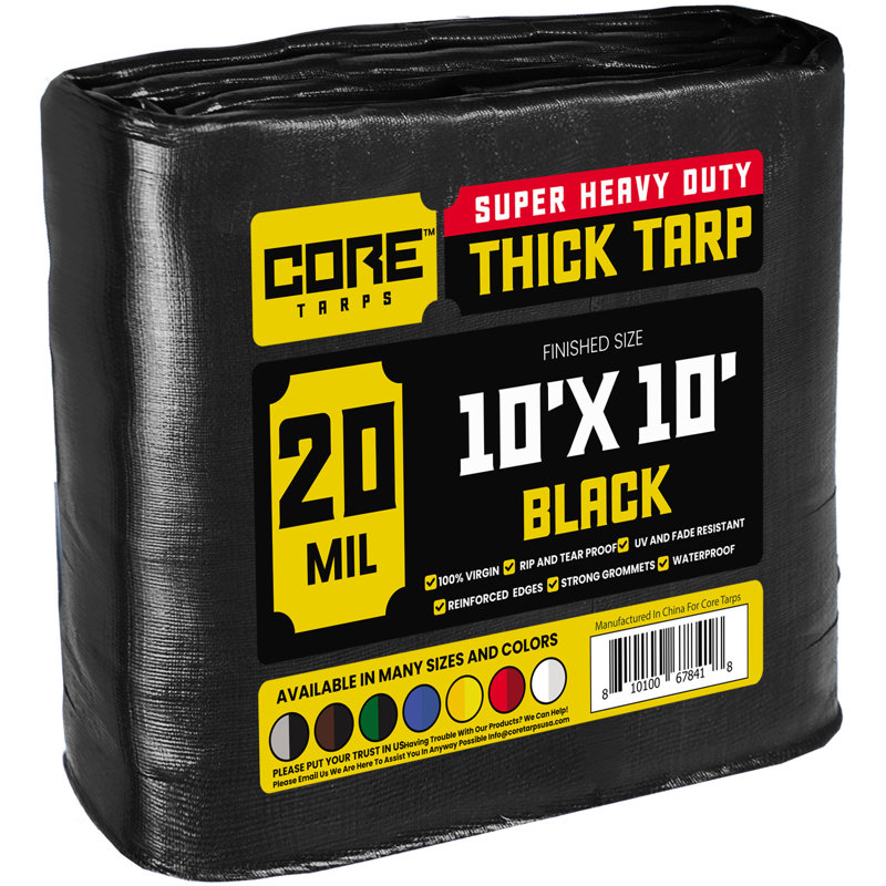 Black 20 Mil Heavy Duty Polyethylene Tarp, Waterproof, UV Resistant, 10' x 10'