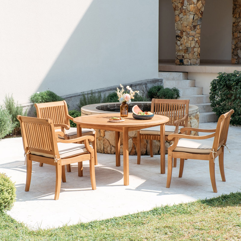 Ensemble de salle à manger d'extérieur Summerton pour 4 personnes en bois de teck avec table ronde, Natural Teak
