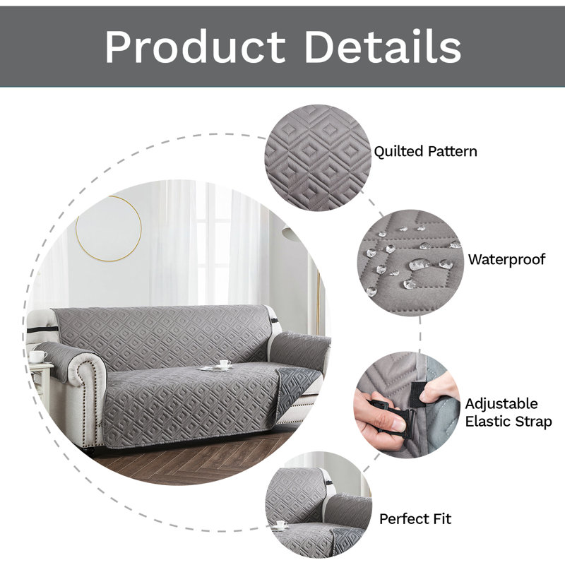 Water Resistant Sofa Protector – Reversible Quilted Couch Cover with Elastic Strap, Machine Washable, Light Grey/Dark Grey