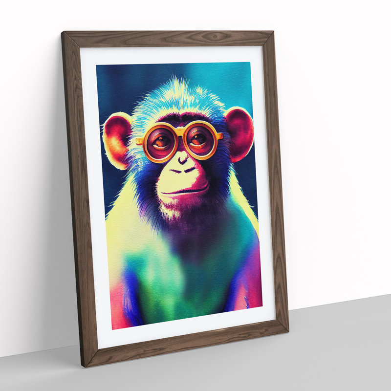 Neon Monkey No.4 - Wall Art, 34cm H x 25cm W x 2cm D, Walnut Framed