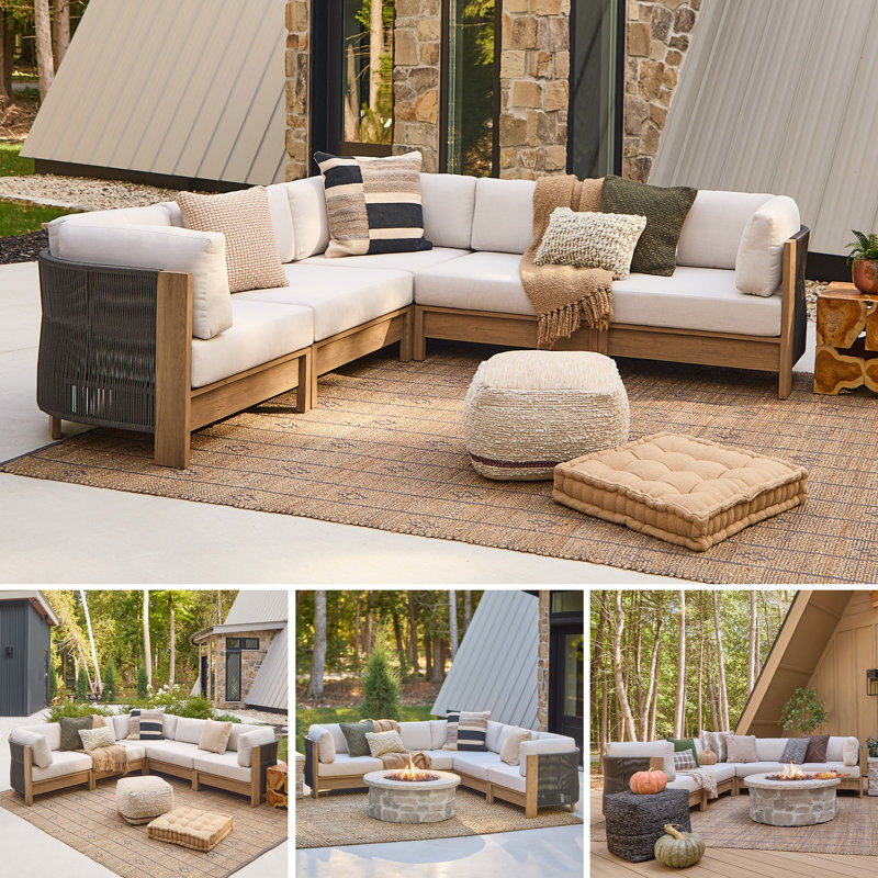 Stratton Outdoor 5-Piece Modular Patio Sectional In Beechwood With Sunbrella Cushions By Real Flame