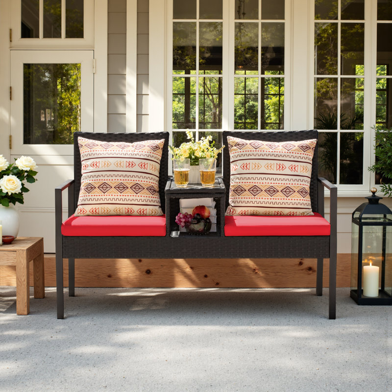 Patio Loveseat Outdoor Wicker Furniture Conversation Set with Soft Cushions & Built-in Coffee Table for Lawn Garden Backyard