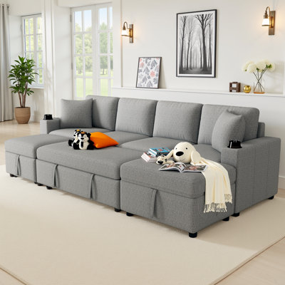 109" Convertible Sectional Sofa Bed - U/L-Shaped Configurations, Pull-Out Sleeper, USB Ports & Storage Ottoman in Chenille