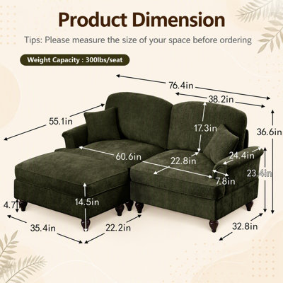 Elegant Mid Century Modular Two Seater L Shaped Sofa Couch with Flared Arms, Removable Skirts, Spindle Legs and Movable Ottoman for Comfort and Versatility