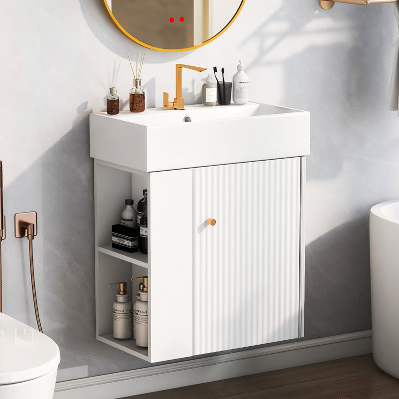 Meuble-lavabo de 21,6 po - Lavabo en céramique, support de rangement à gauche, style contemporain, blanc moderne avec lavabo